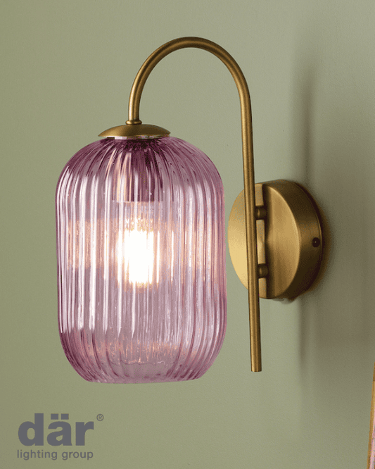Dar Lighting Idra Aged Bronze & Pink Ribbed Glass Wall Light