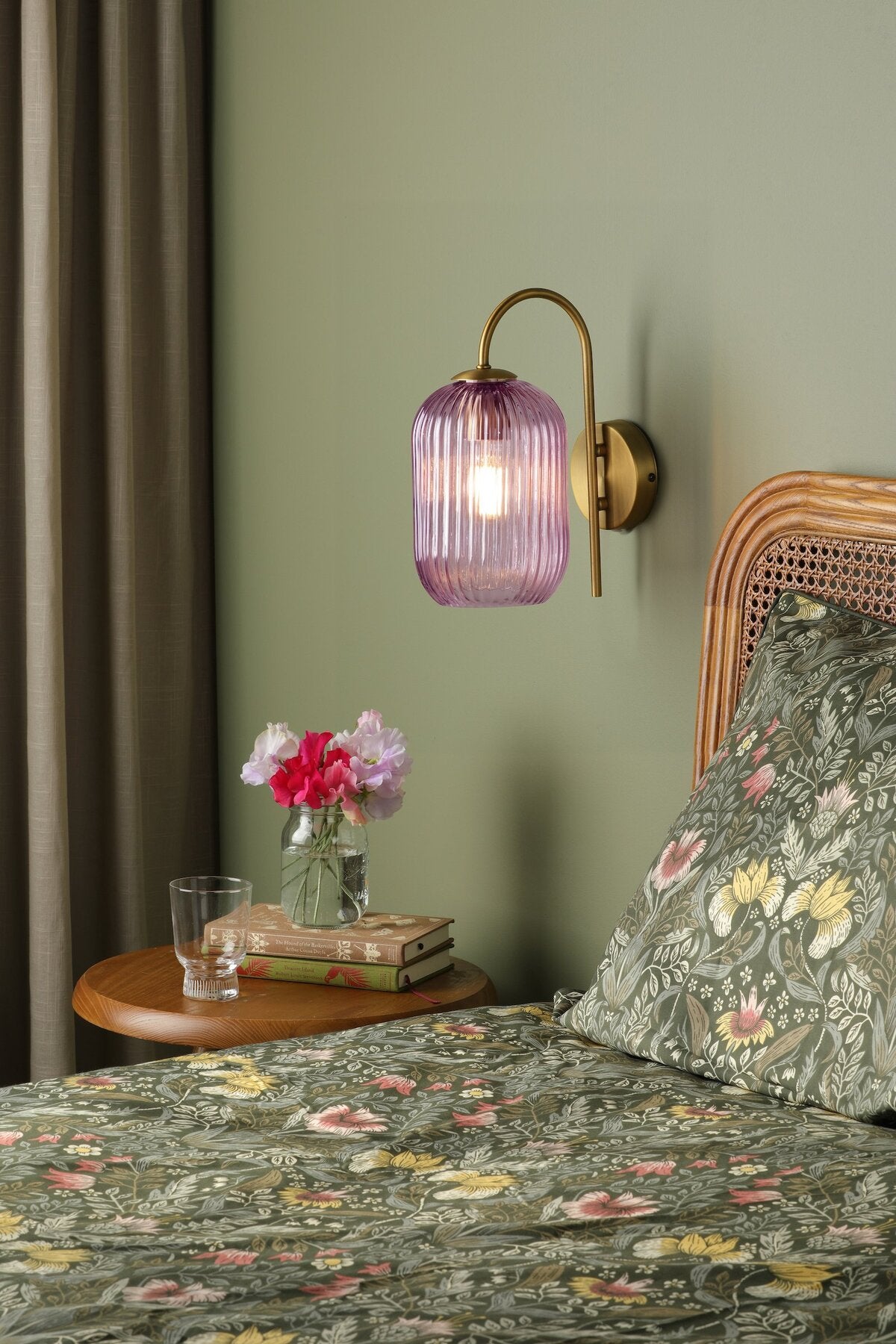 Dar Lighting Idra Aged Bronze & Pink Ribbed Glass Wall Light
