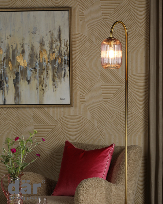Dar Lighting Idra Aged Bronze Floor Lamp with Pink Ribbed Glass Shade