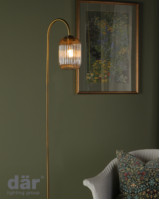 Dar Lighting Idra Aged Bronze Floor Lamp with Champagne Ribbed Glass Shade