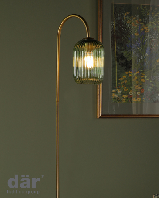 Dar Lighting Idra Aged Bronze Floor Lamp with Green Ribbed Glass Shade