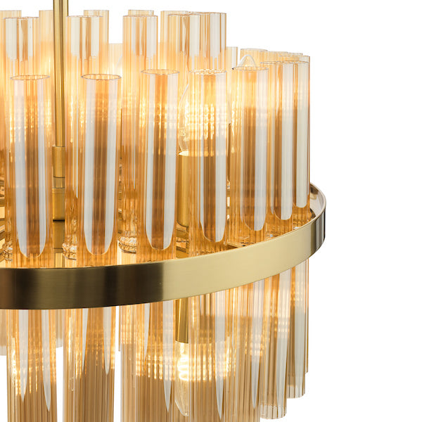 Dar Lighting Imani 12 Light Natural Brass & Champagne Ribbed Glass Pendant
