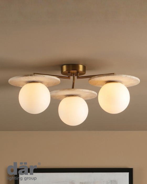 Dar Lighting Inaya 3 Light Natural Brass & Travertine Semi Flush