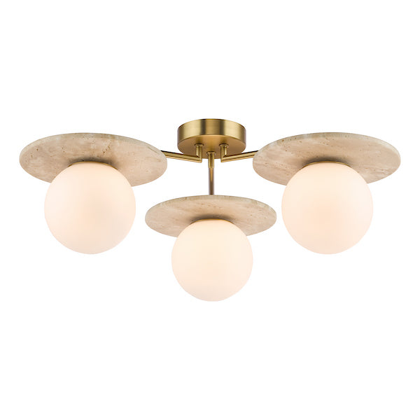 Dar Lighting Inaya 3 Light Natural Brass & Travertine Semi Flush