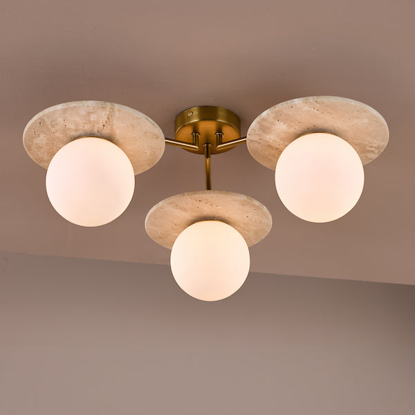 Dar Lighting Inaya 3 Light Natural Brass & Travertine Semi Flush
