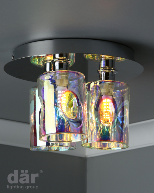 Dar Lighting Inter 3 Light Polished Chrome & Iridised Glass Flush