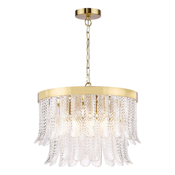 Dar Lighting Irisen 6 Light Natural Brass & Textured Glass Pendant