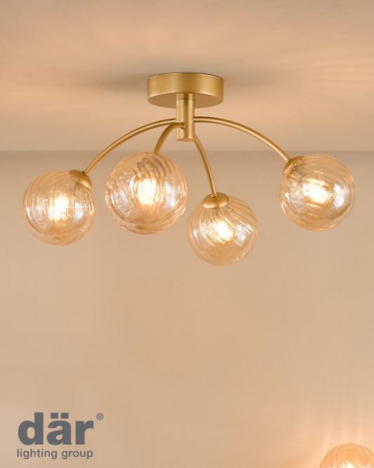 Dar Lighting Izzy 4 Light Matt Gold Semi Flush With Twisted Amber Glass