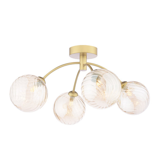 Dar Lighting Izzy 4 Light Matt Gold Semi Flush With Twisted Amber Glass