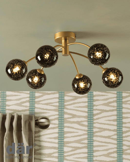 Dar Lighting Izzy 6 Light Gold & Black Confetti Glass Semi Flush