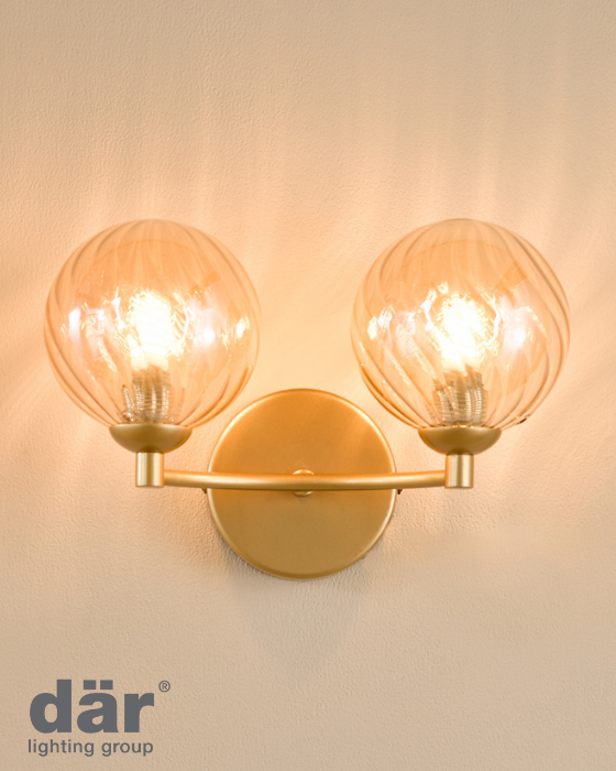 Dar Lighting Izzy 2 Light Matt Gold Wall Light With Twisted Amber Glass