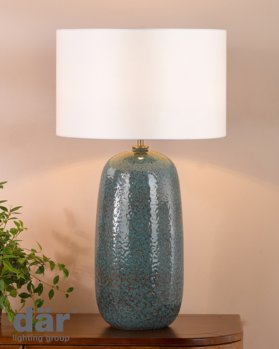 Dar Lighting Jadis Blue Ceramic Table Lamp With Ivory Drum Shade