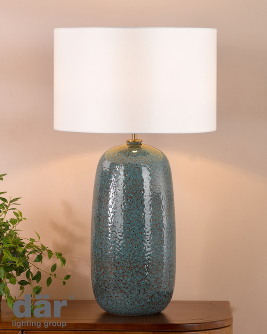 Dar Lighting Jadis Blue Ceramic Table Lamp With Ivory Drum Shade