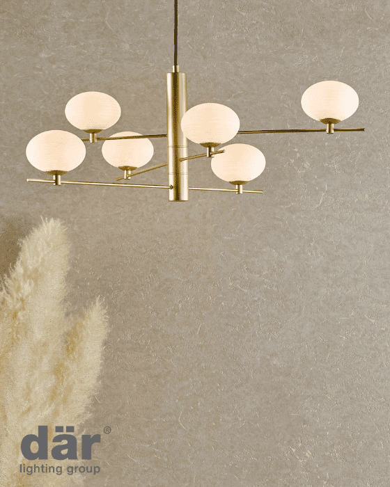 Dar Lighting Jasper 6 Light Satin Gold & Opal Glass Pendant