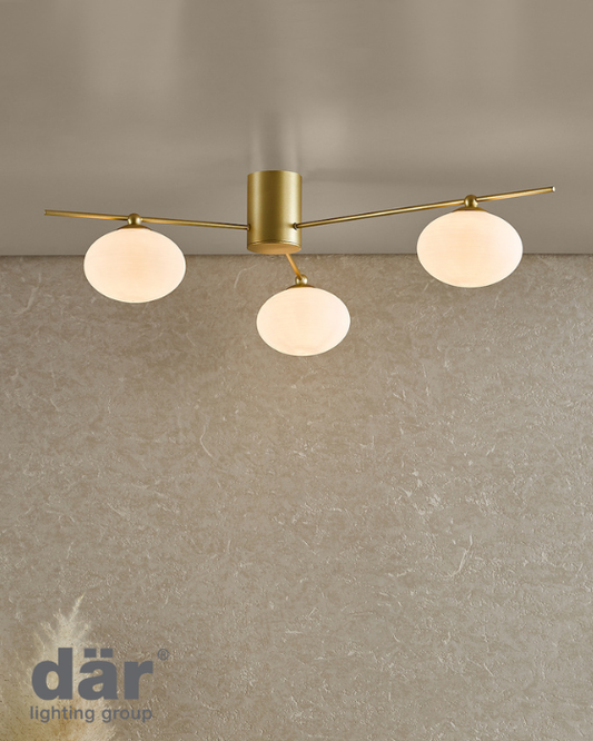 Dar Lighting Jasper 3 Light Satin Gold & Opal Glass Semi Flush