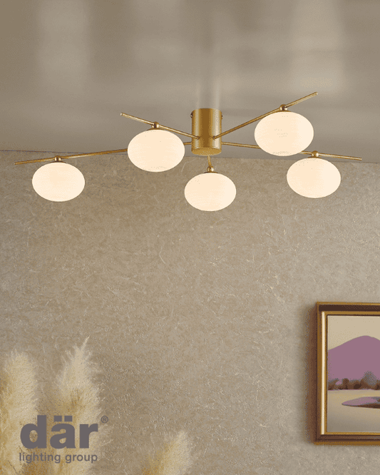 Dar Lighting Jasper 5 Light Satin Gold & Opal Glass Semi Flush