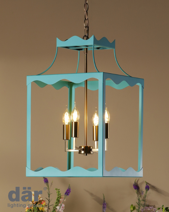 Dar Lighting Jinele 4 Light Satin Eau De Nil Blue & Natural Brass Lantern
