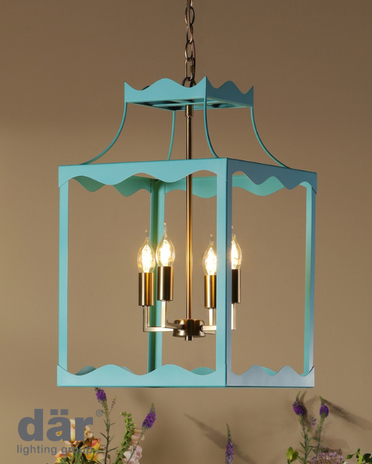 Dar Lighting Jinele 4 Light Satin Eau De Nil Blue & Natural Brass Lantern