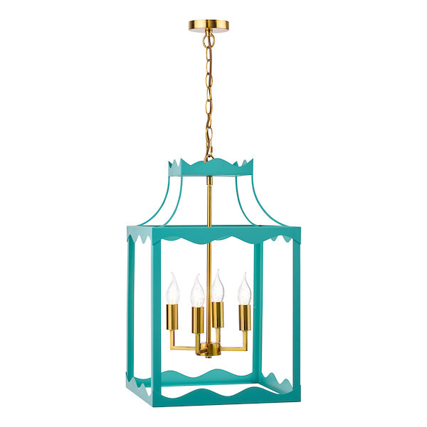 Dar Lighting Jinele 4 Light Satin Eau De Nil Blue & Natural Brass Lantern