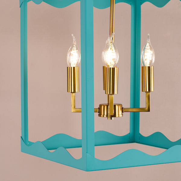 Dar Lighting Jinele 4 Light Satin Eau De Nil Blue & Natural Brass Lantern