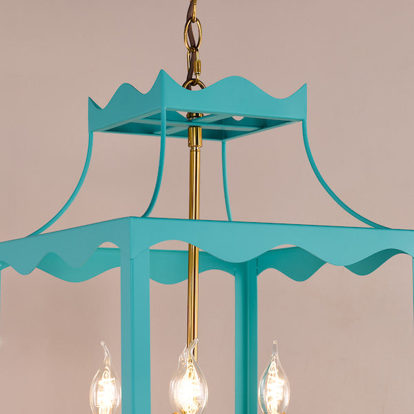 Dar Lighting Jinele 4 Light Satin Eau De Nil Blue & Natural Brass Lantern