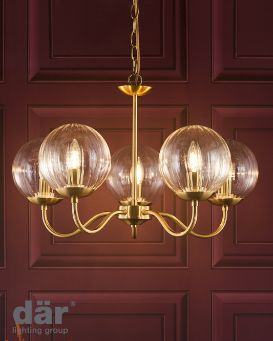 Dar Lighting Jocelyn 5 Light Natural Brass & Glass Armed Pendant