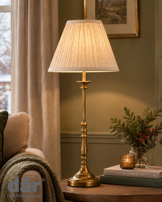 Dar Lighting Judy Antique Bronze Table Lamp With Pleated Linen Shade