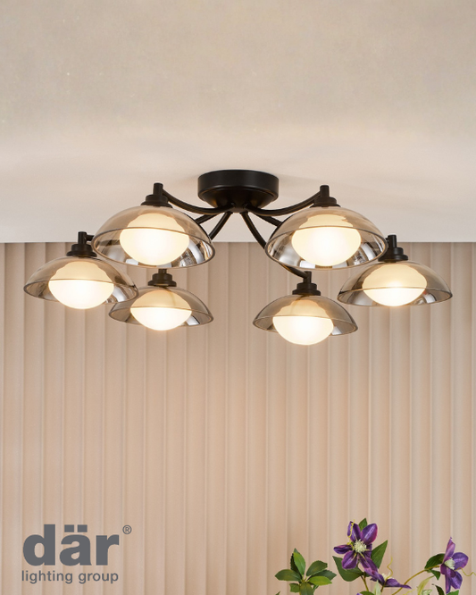 Dar Lighting Kadience 6 Light Satin Black & Smoked Glass Semi Flush
