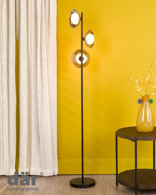 Dar Lighting Kadience 3 Light Satin Black & Smoked Glass Floor Lamp