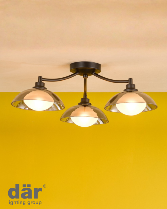 Dar Lighting Kadience 3 Light Satin Black & Smoked Glass Semi Flush