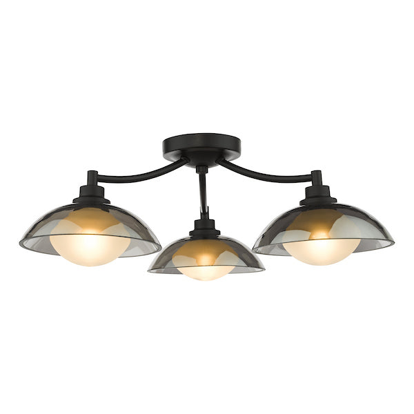 Dar Lighting Kadience 3 Light Satin Black & Smoked Glass Semi Flush
