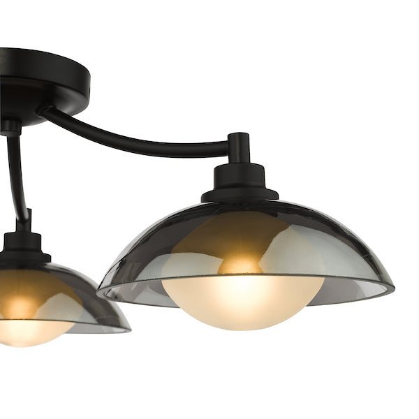 Dar Lighting Kadience 3 Light Satin Black & Smoked Glass Semi Flush