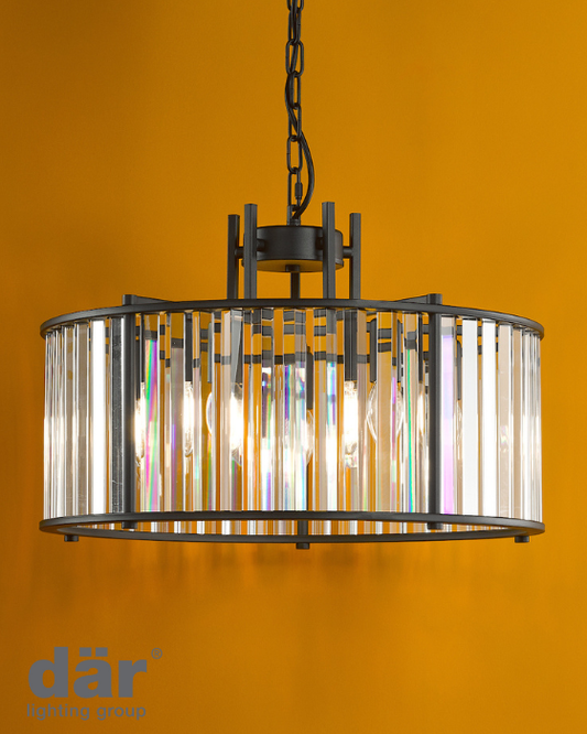 Dar Lighting Kiran 5 Light Satin Black & Crystal Pendant