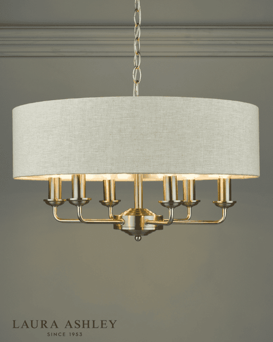 Laura Ashley Sorrento 6 Light Satin Nickel Pendant With Natural Shade