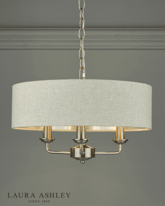 Laura Ashley Sorrento 3 Light Satin Nickel Pendant With Natural Shade