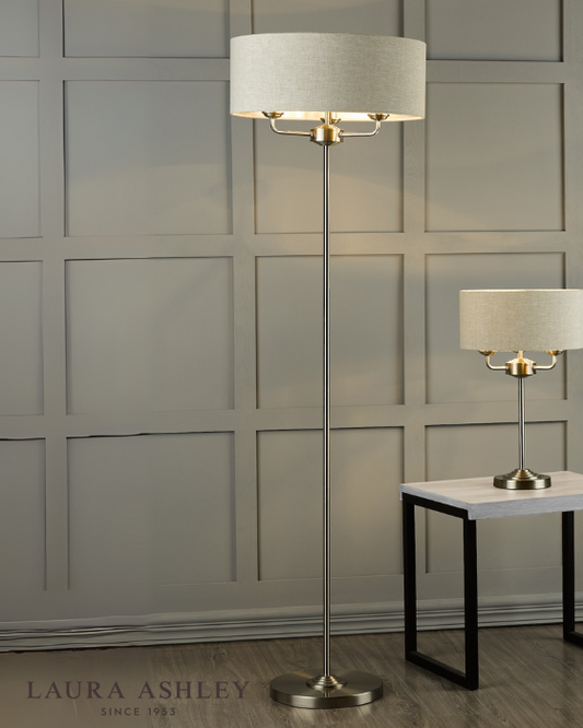 Laura Ashley Sorrento 3 Light Floor Lamp Satin Nickel With Natural Shade
