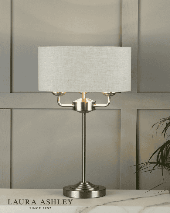 Laura Ashley Sorrento 3 Light Table Lamp Satin Nickel With Natural Shade