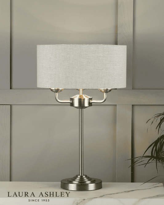 Laura Ashley Sorrento 3 Light Table Lamp Satin Nickel With Natural Shade