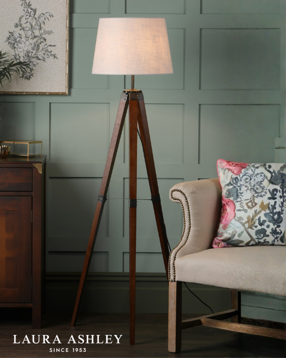 Laura Ashley Burdale Tripod Dark Wood & Industrial Brass Floor Lamp (Base Only)