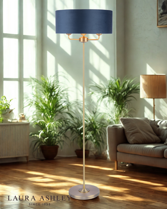 Laura Ashley Sorrento 3 Light Matt Antique Brass Floor Lamp with Blue Shade