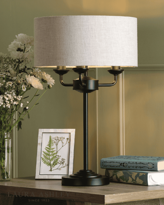 Laura Ashley Sorrento 3 Light Matt Black & Natural Table Lamp With Shade