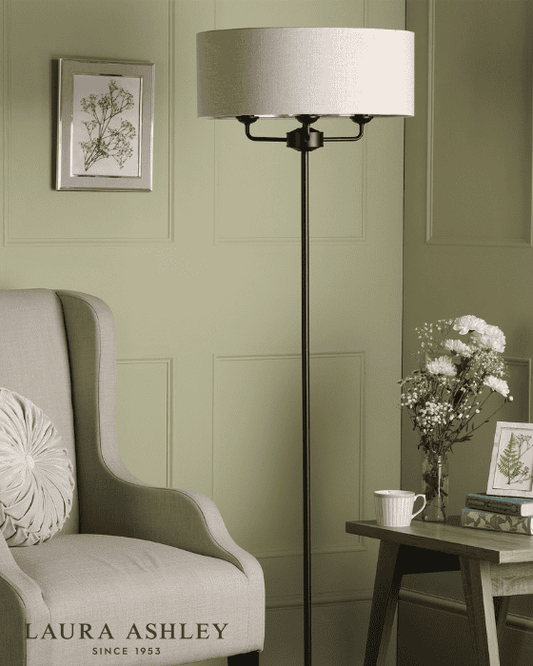 Laura Ashley Sorrento 3 Light Matt Black & Natural Floor Lamp With Shade