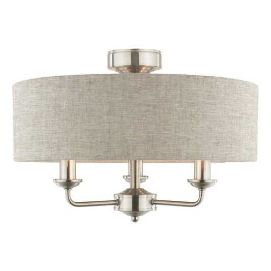 Laura Ashley Sorrento 3 Light Satin Nickel Semi Flush With Natural Shade