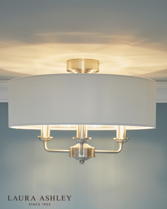 Laura Ashley Sorrento 3 Light Satin Nickel Semi Flush With Natural Shade
