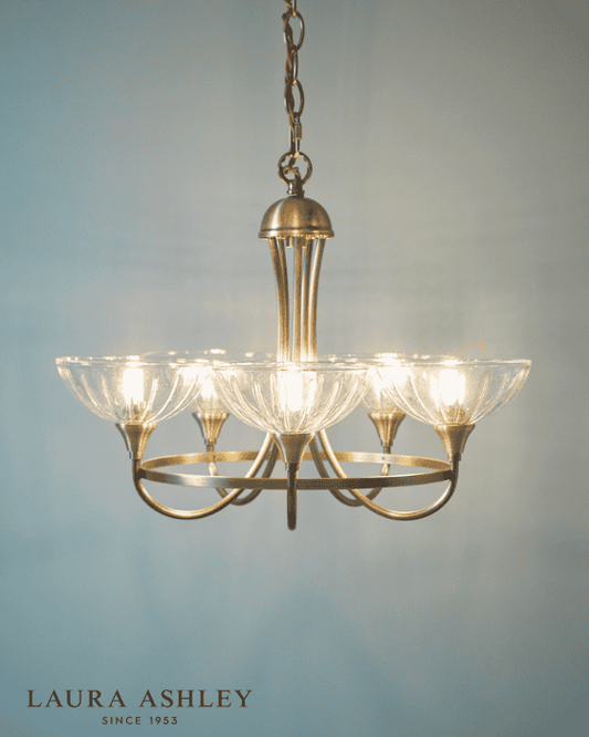 Laura Ashley Wellham 5 Light Antique Brass & Glass Armed Chandelier