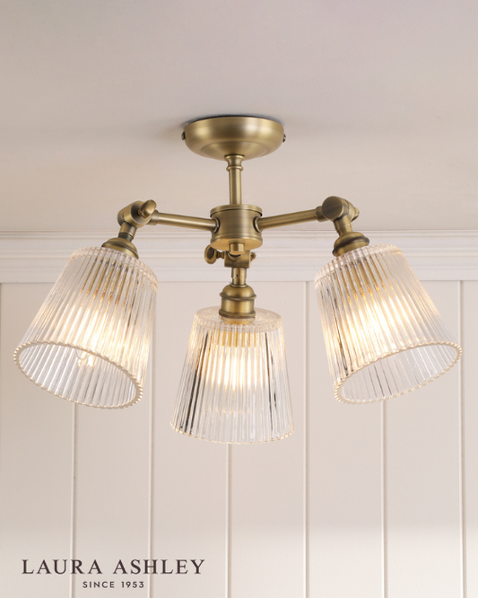 Laura Ashley Callaghan 3 Light Matt Antique Brass & Ribbed Glass Semi Flush