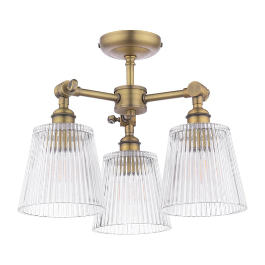 Laura Ashley Callaghan 3 Light Matt Antique Brass & Ribbed Glass Semi Flush