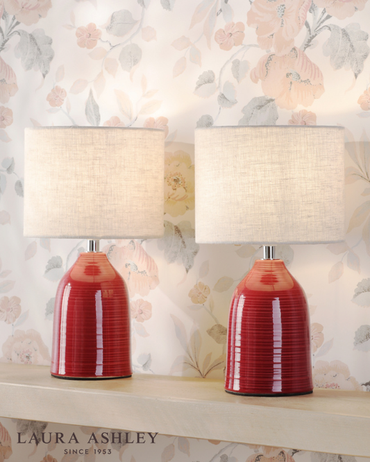 Laura Ashley Penny Red Ceramic & Polished Chrome Table Lamp With Shade (Twin Pack)