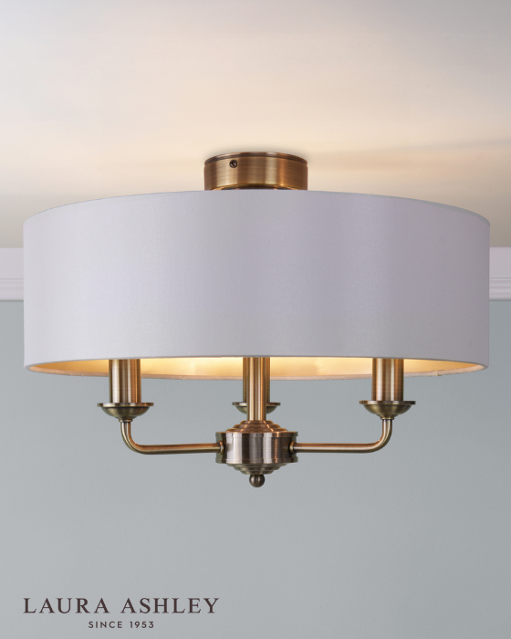 Laura Ashley Sorrento 3 Light Antique Brass Semi Flush With Ivory Shade