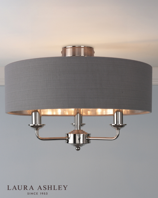 Laura Ashley Sorrento 3 Light Polished Nickel Semi Flush With Charcoal Shade